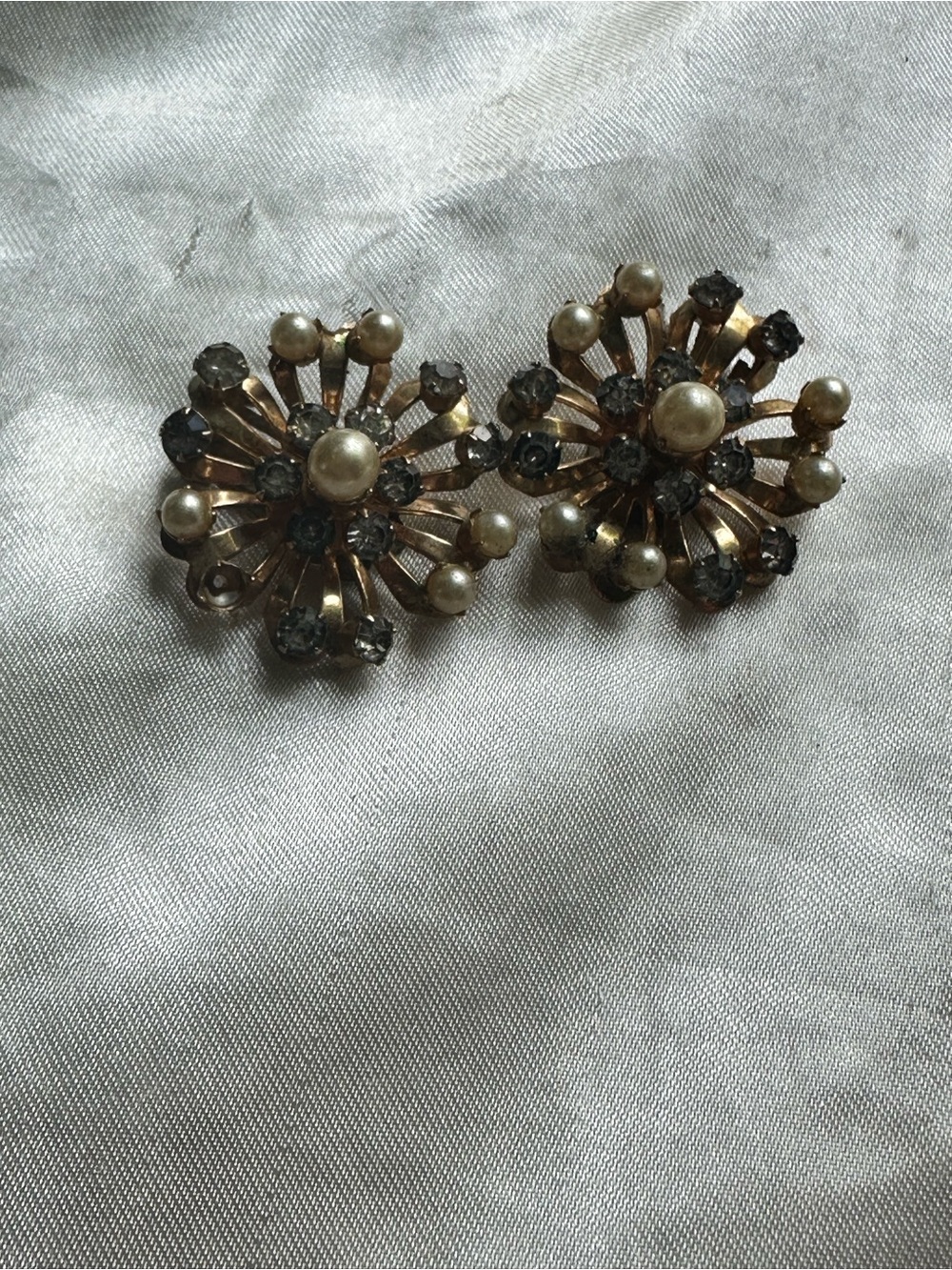 Vintage Coro Faux Pearl & Crystal Floral Clip Earrings - Gold Tone